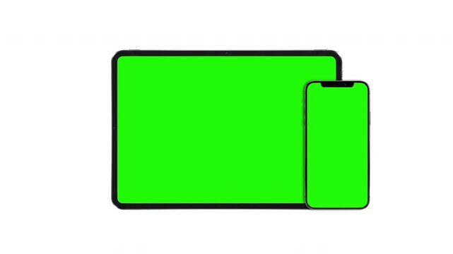 tablet and smartphone mockup with green screen chroma key for multi device app presentation and responsive website design. Alpha channel