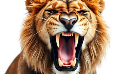 Obraz premium Fierce male lion roaring intensely with sharp teeth displayed on white backdrop
