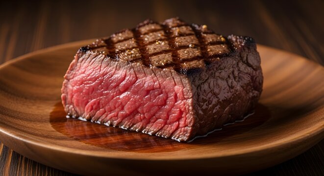 Professional food photography of a grilled steak on a wooden plate, shot with 85mm lens, warm light