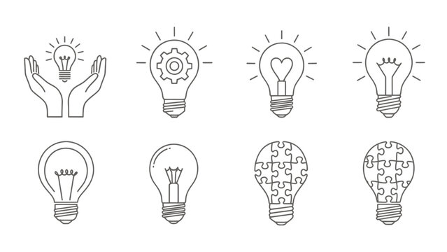 Set of hand-supported light bulb icons representing ideas and innovation concepts.