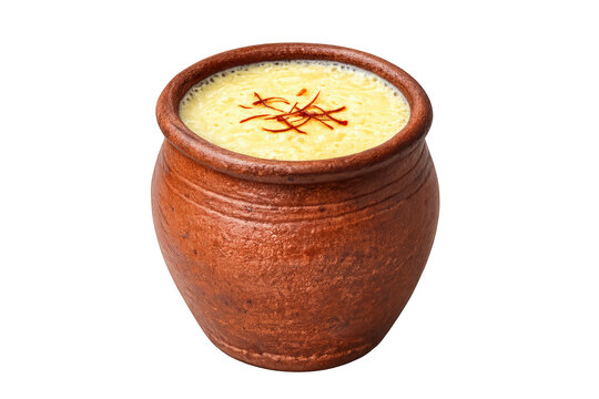 Saffron lassi, traditional indian yogurt drink serving in a terracotta matka pot, refreshing creamy beverage