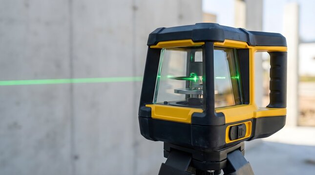 Professional Green Rotary Laser Level Projecting Alignment Line on Concrete Wall at Construction Site