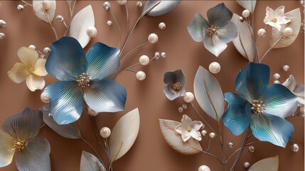 Sophisticated Floral Design with Blue Gold Flowers and Pearl Accents on Taupe Backdrop in Soft Light Wallpaper