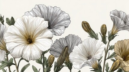 Stylized Illustration of White and Yellow Petunias with Green Foliage on Beige Background in Decorative Style
