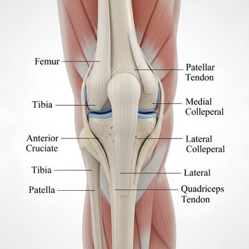Anatomical illustration of the human knee joint with labels.
