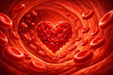 Close Up Vector of Red Blood Cells Flowing Throgh Artery Forming Heart Shape Symbolic Medical Concept 