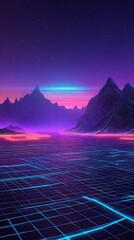 Synthwave Landscape with Glowing Mountains Grid and Starry Night Sky in Neon Purple Blue Futuristic Aesthetic