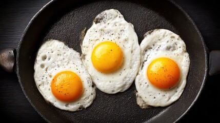 Three Sunny Side Up Eggs Sprinkled with Black Pepper in a Black Frying Pan on Dark Wood Surface Close Up