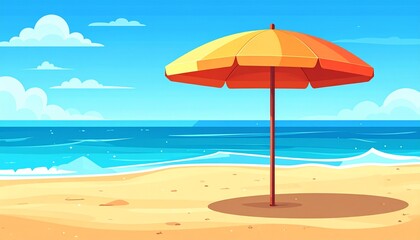 Fototapeta premium Vibrant Beach Scene - Orange Umbrella on Sandy Shore Under Blue Sky.