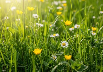 A close-up view capturing the dense texture of various green grasses and wildflowers growing profusely in a vibrant, sunny meadow, grassland, field, sunny