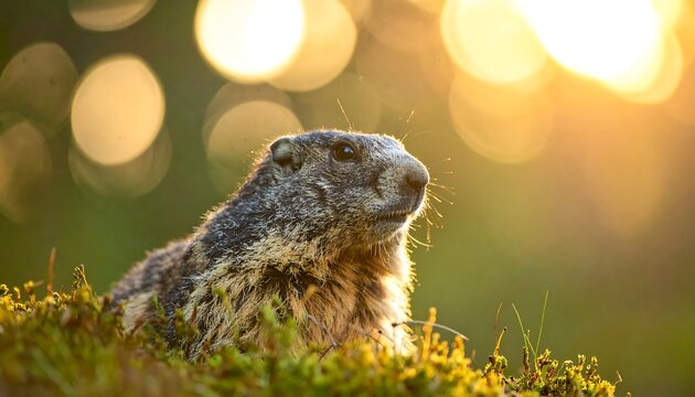 A marmot peeking out from behind a grassy mound