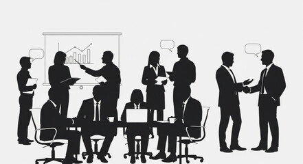Business meeting silhouettes in a modern office setting.