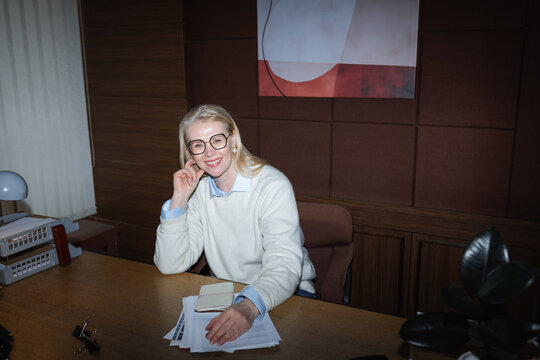 A woman works in an office
