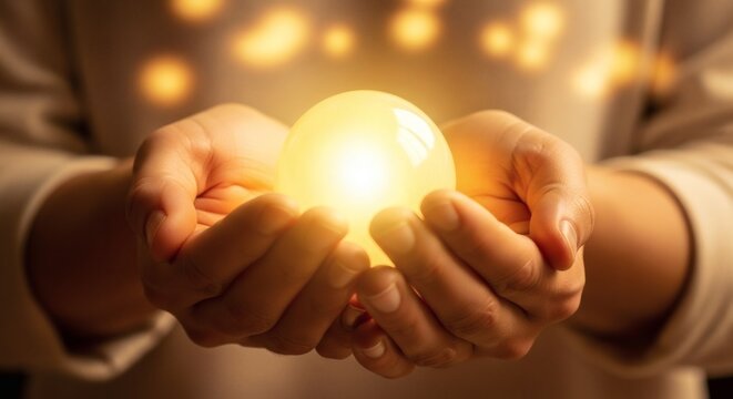 Person holding glowing orb with cupped hands, symbolizing care and protection