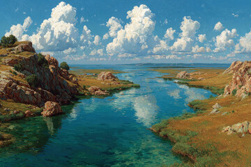 Obraz premium A picturesque landscape with a wide river, rocky banks, and a boundless sky with voluminous clouds, executed in the artistic style of oil painting. 