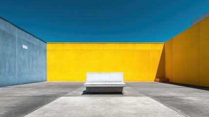 Courtyard View with Stone Bench Against Yellow and Blue Walls Under Clear Sky Sharp Focus