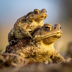 Fototapeta premium Two Common Toads in a Natural Habitat - A Close-Up View of Amphibians.