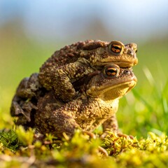 Obraz premium Two Common Toads Mating on Green Moss in a Natural Outdoor Environment.