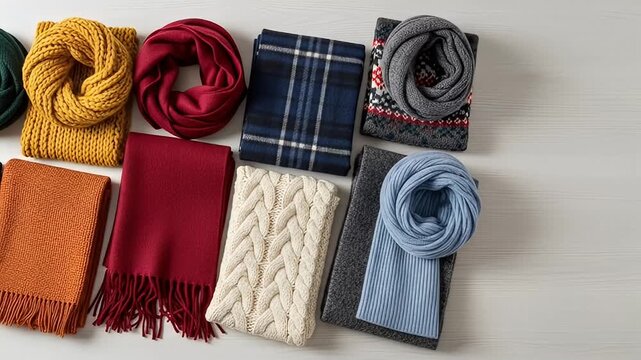 Assortment of folded and looped scarves in various colors and textures on light surface