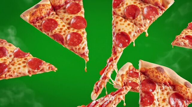 Falling Hot Pizza Slices with Melting Cheese on Green Screen