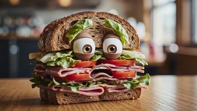 A whimsical close-up of a cartoon sandwich with googly eyes looking surprised on a wooden table in a cafe.