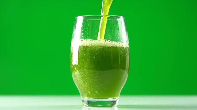 Refreshing Green Celery Juice Pouring into Glass on Green Background