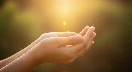 Cupped hands holding light source in nature