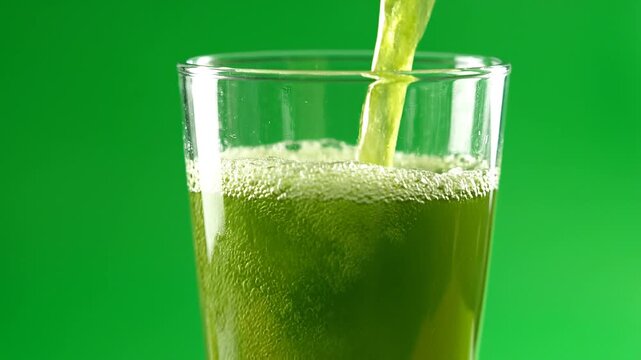 Pouring Fresh Celery Green Juice into Tall Glass on Chroma Key
