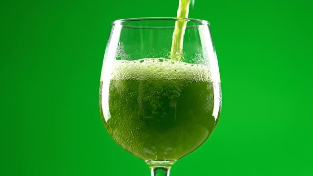 Green Vegetable Juice Pouring into Wine Glass on Green Screen
