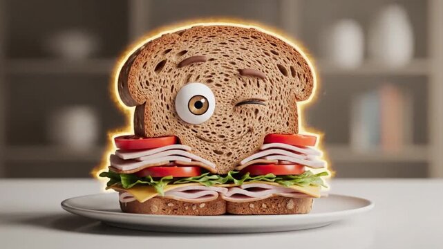 A playful cartoon sandwich with a glowing outline winks on a plate in a blurry kitchen setting.