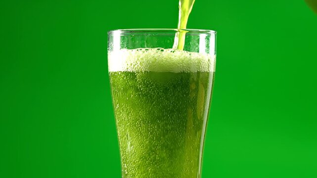 Fresh green vegetable juice pouring into glass with bubbles