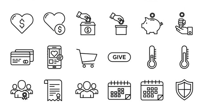 Collection of Charity and Donation Related Icons in Sketch Style.