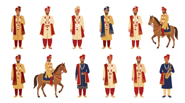 Diverse Indian Groom Full Body Character Vector Set Traditional Wedding Attire Sherwani Turban Horse Riding Asian Marriage Ceremony Male Protagonist Flat Design.