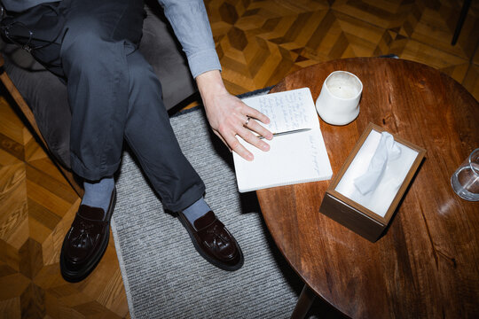 The notebook on the coffee table