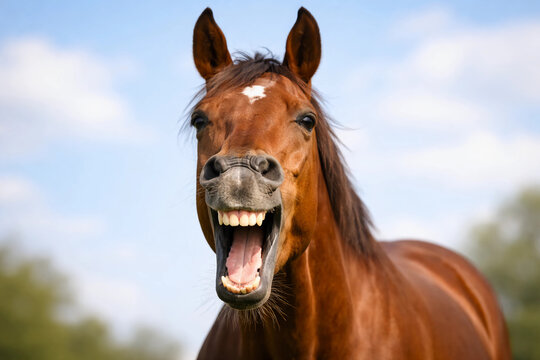 chestnut brown horse with mouth wide open showing teeth and tongue against blue sky, captured in bright daylight with sharp detail and cheerful expression.
