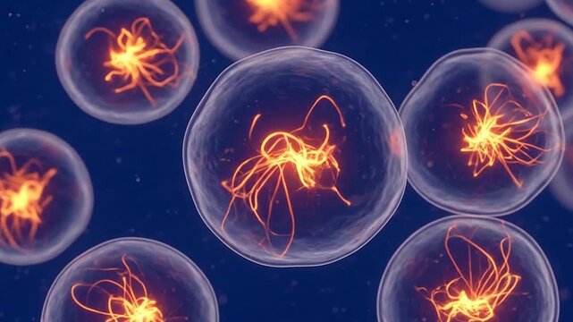 Abstract illustration of glowing orange cells or micro-organisms with intricate inner structures on a dark blue background, representing biological science.
