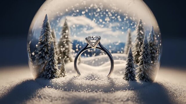 Diamond ring stands in snowdrift in a snow globe, with snowy trees and a blue sky behind