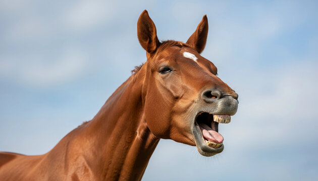 chestnut brown horse with mouth wide open showing teeth and tongue against blue sky, captured in bright daylight with sharp detail and cheerful expression.