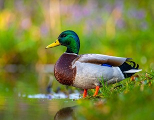 Obraz premium Vibrant Mallard Duck in Natural Habitat - A Detailed Wildlife Portrait.