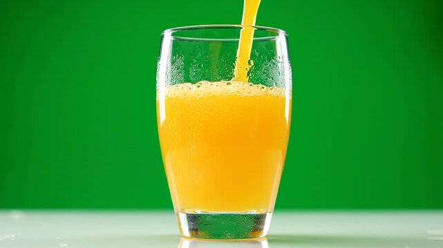 Slow motion pouring of orange juice into glass on green screen