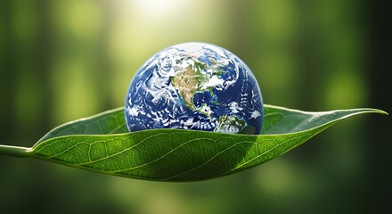 A stunning visual representation of the Earth resting on a vibrant green leaf, symbolizing environmental harmony and sustainability, earth day