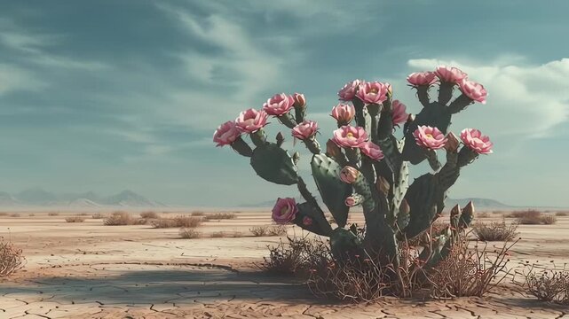 Blooming Cactus in Arid Desert Landscape Under Blue Sky