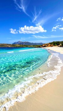 A serene beach scene with clear turquoise water and white sand