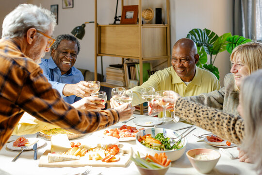 Group of diverse senior friends toasting with wine at home party