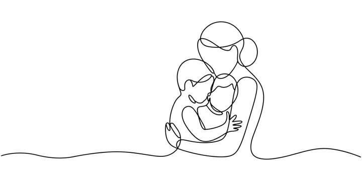 Mother and baby in continuous one line drawing. Mothers day celebration concept in single line art illustration. Editable vector, mother and baby image on Mather day Mather and his two children of pro
