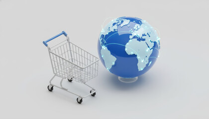 Global E-commerce Concept with 3D Shopping Cart and World Globe showing Connectivity Lines.
