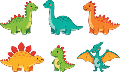 Cute cartoon dinosaurs collection, colorful prehistoric animals vector illustration isolated on white background © MDALRAFIN