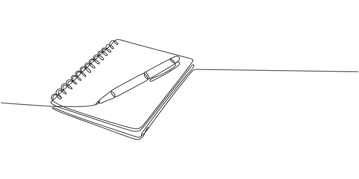 continuous one line drawing of notebook with a pen on it. Self drawing of single line, notebook with a pencil. Writing business draft on office notes concept,
