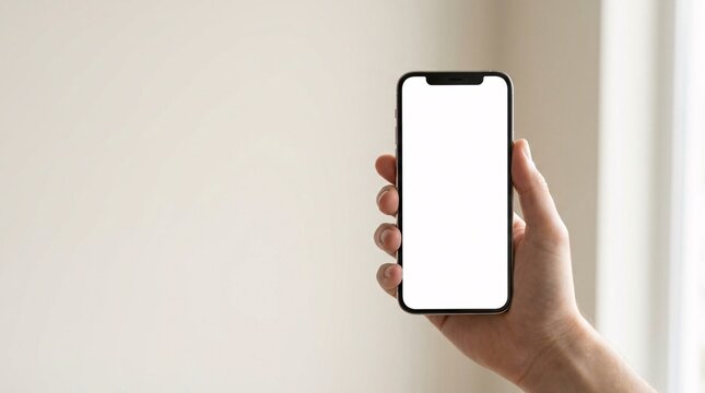 Person holding a smartphone with a blank screen in a neutral environment, perfect for mockups and design showcases