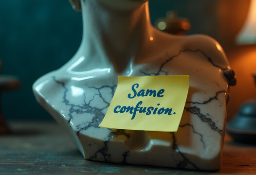 Cracked bust displaying same confusion sticky note